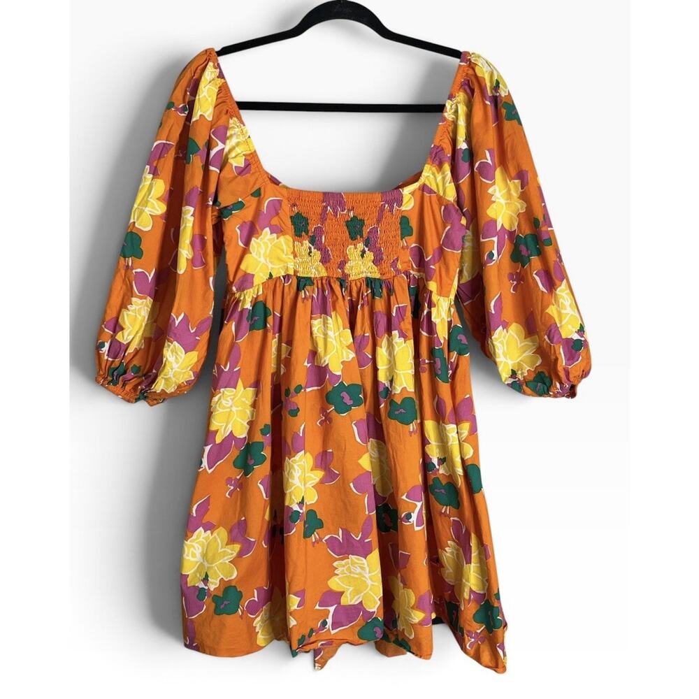 Altar'd State Minister Dress M Puff Sleeve Orange Floral Tropical Boho Pockets - Picture 4 of 16